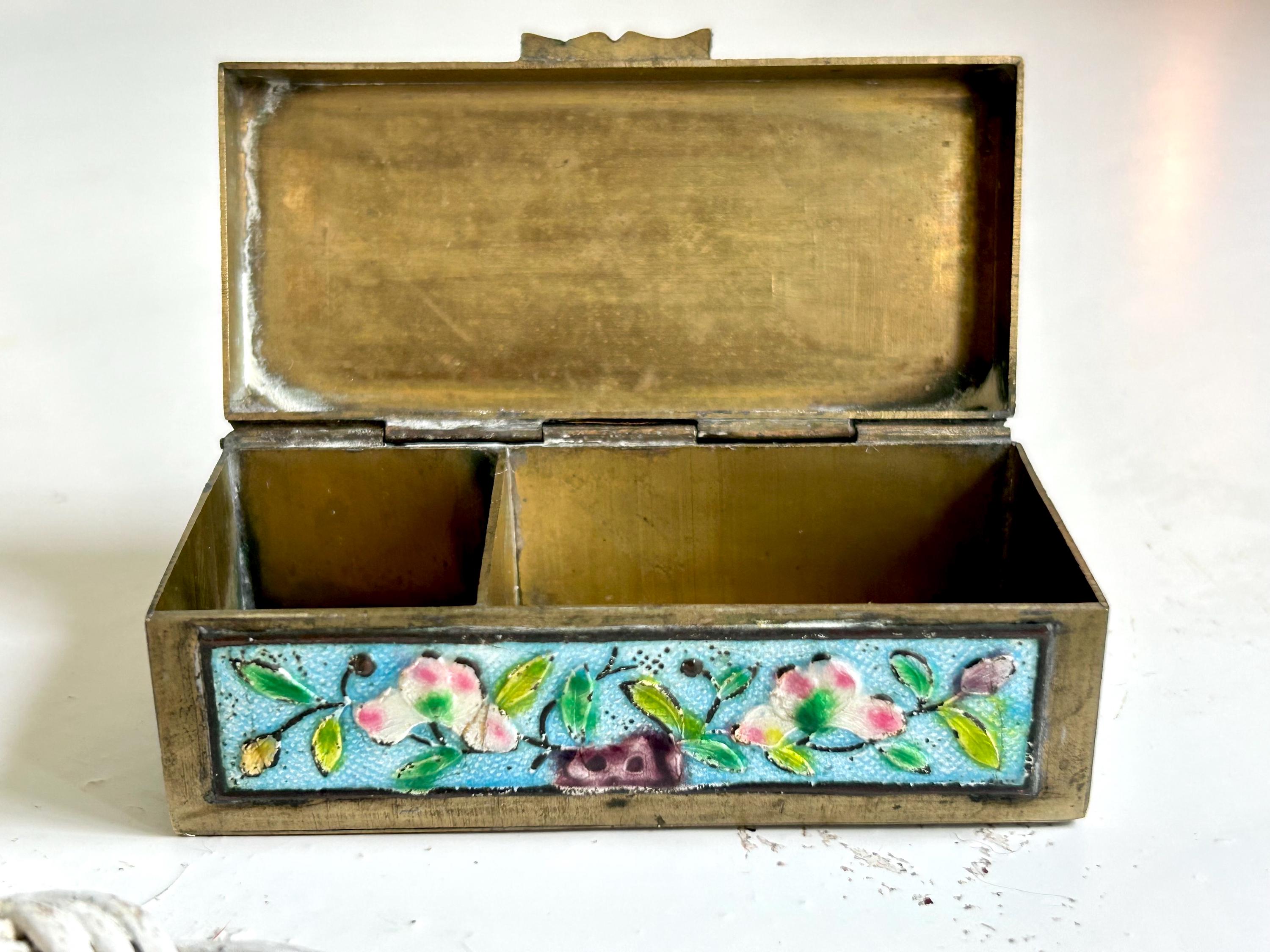 七宝焼きアンティーク中国小物入れ金属エナメル小箱青ピンクの花