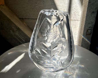 Clear Crystal cut glass vase - flower vase etched flower design heavy vase small flower vase