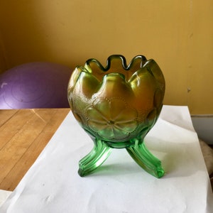 Northwood Glass - green carnival glass - green glass - ruffle edge - rose bowl - feet -footed  - floral