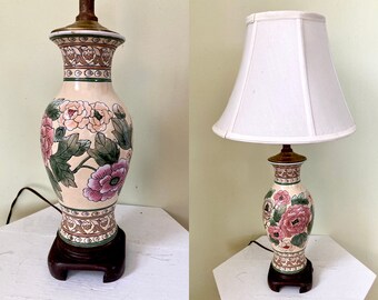 Ceramic floral Asian style floral lamp carved texture table lamp peonies lamp shade