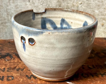 Stoneware handmade glazed bowl blue fish design rice bowl holes for chopsticks artisan signed hand thrown pottery