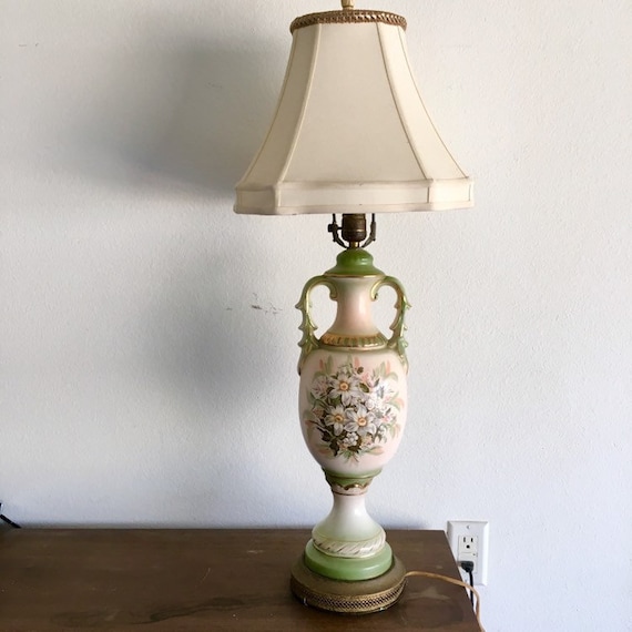 Ceramic Urn Lamp Floral Design Table Lamp Gold Details Large Lamp