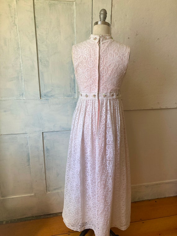 60s pink maxi dress sleeveless white lace overlay… - image 9