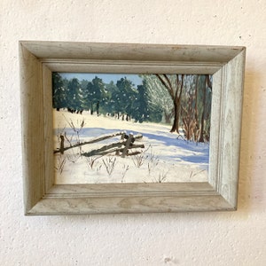 Vintage painting snow landscape wood frame Vermont signed Gladys Brock landscape primitive rustic