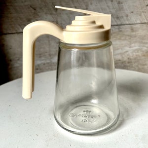 70s small glass syrup pitcher plastic lid and handle  farmhouse kitchen