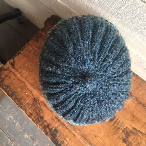 Hand knit wool hat - ribbed - blue green - handma… - image 5