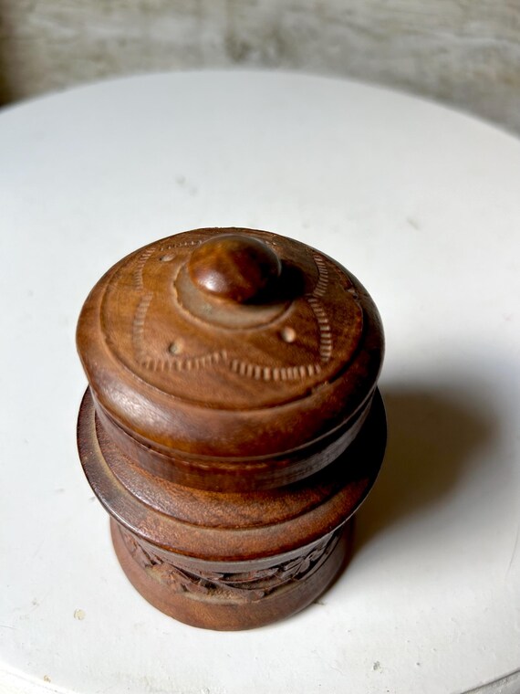 Carved wood jar container handmade lid trinket bo… - image 5
