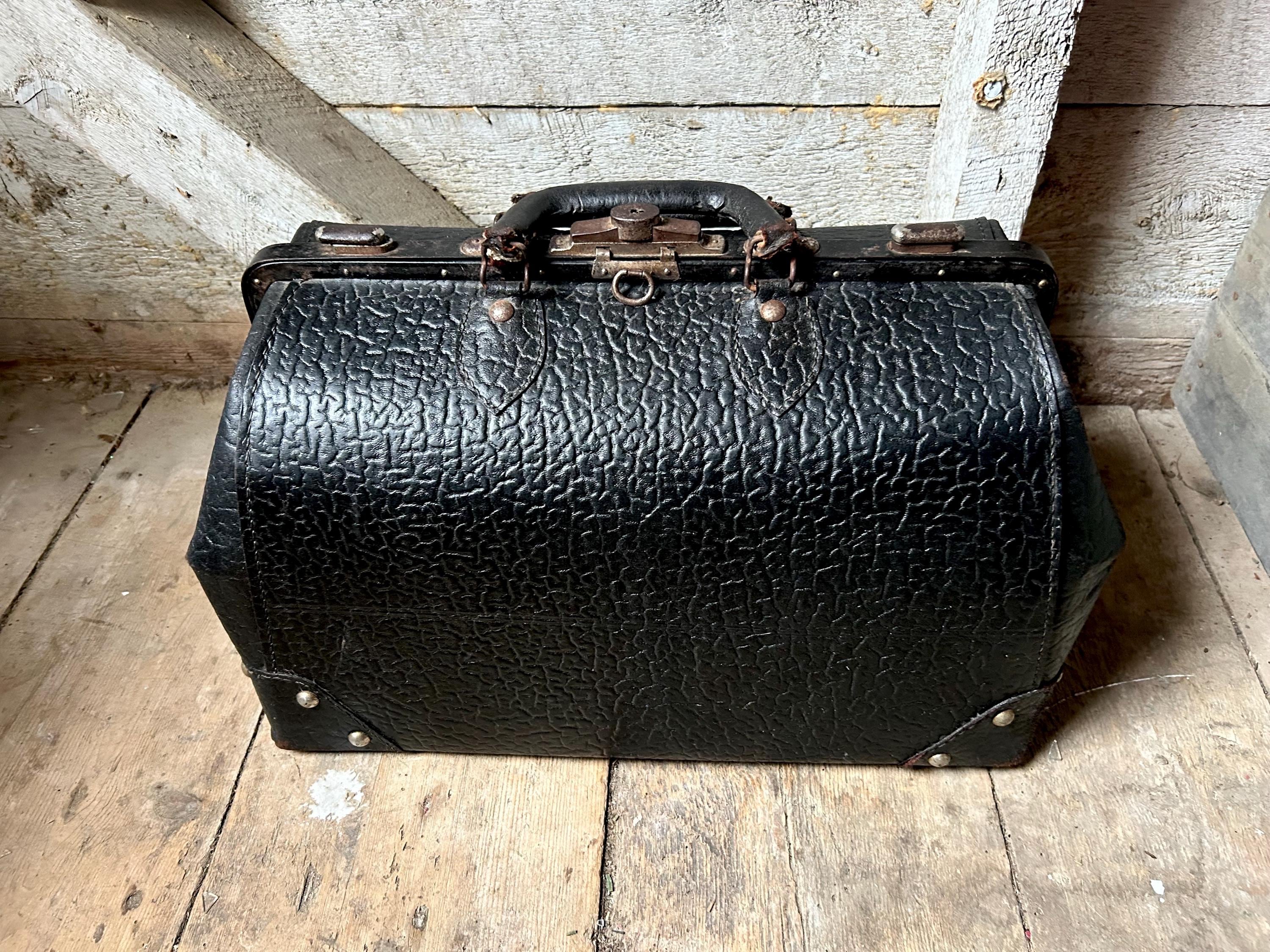 アンティークDoctorバッグ Antique Black Leather Walrus Embossed Texture Traveling Valise Bag