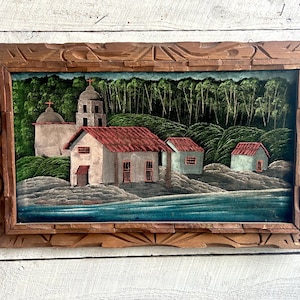 70s Velvet painting landscape church hand carved wood frame Mexico kitsch velvet painting