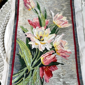 Crewel tapestry of lilies handmade fiber art unframed wall art
