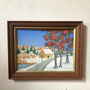 Vintage painting landscape primitive painting yellow farmhouse blue sky red leaves snow framed Vermont landscape