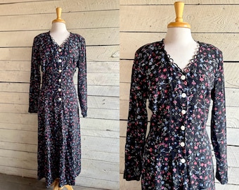 Floral rayon maxi dress - 80s 90s - tie back waist - long sleeves black floral print