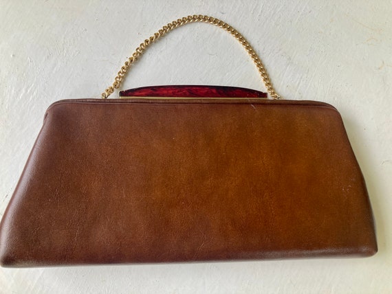 60s brown faux leather clutch  - gold chain strap… - image 1