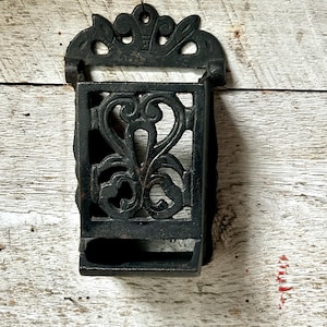 Cast iron match stick holder metal wall mounted black iron farmhouse matchbox holder