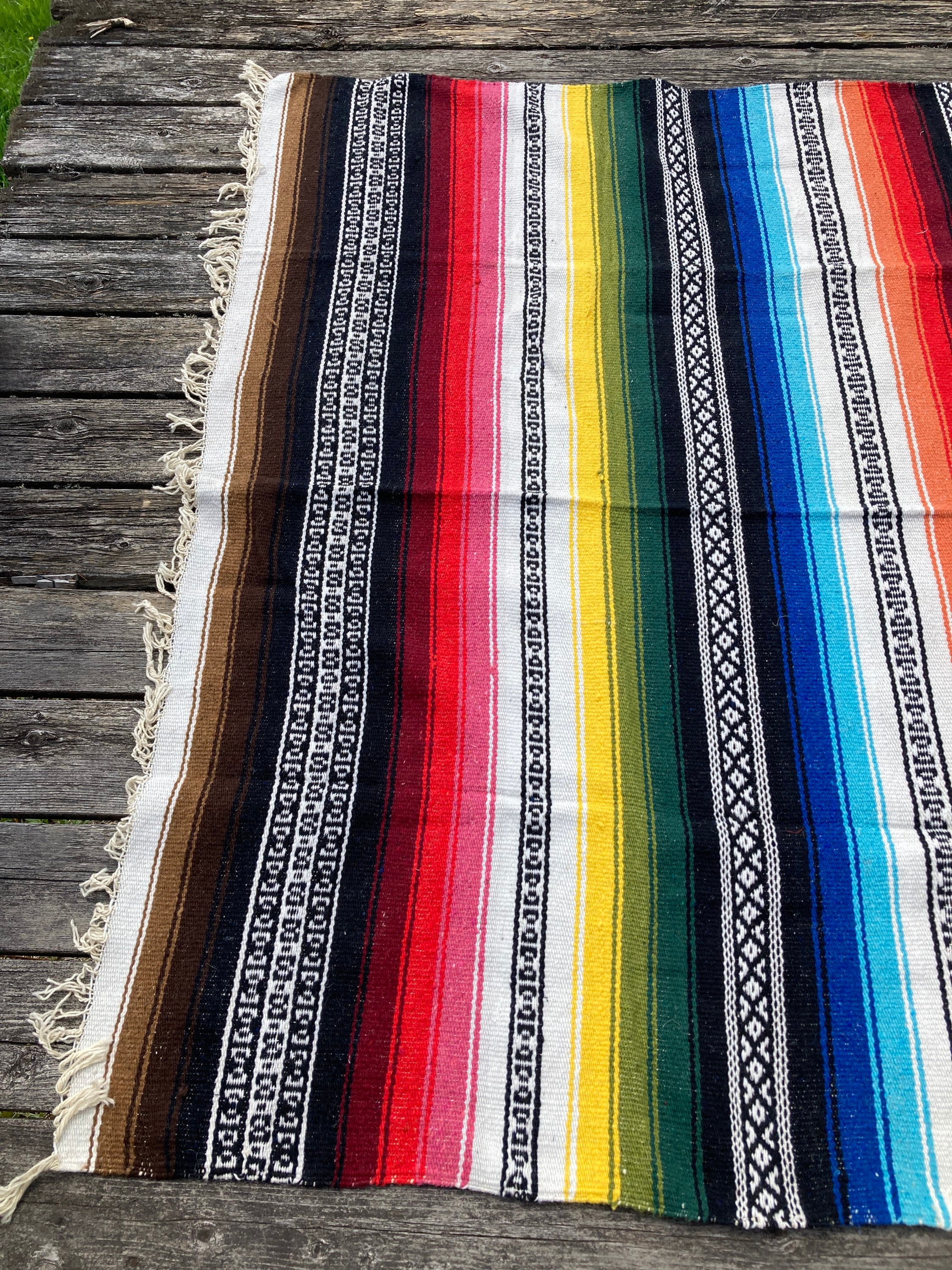 Mexican Blanket Rug Hand Woven Heavy Stripe Design - Blue Red