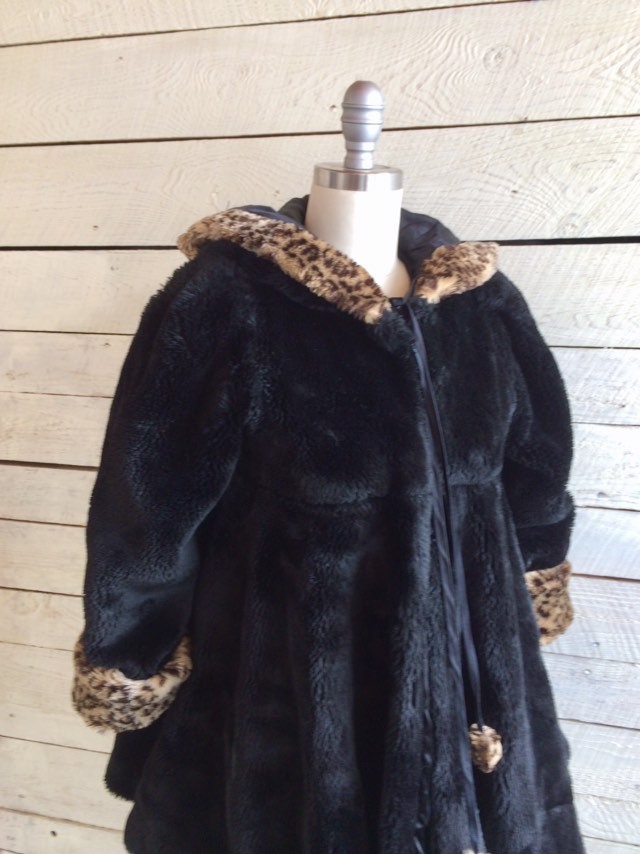 Neiman Marcus 70s black faux fur swing coat hood animal | Etsy