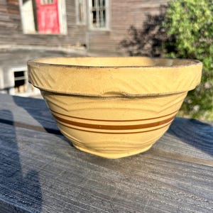 Antique farmhouse yellow ware ceramic bowl stoneware primitive mixing bowl distressed