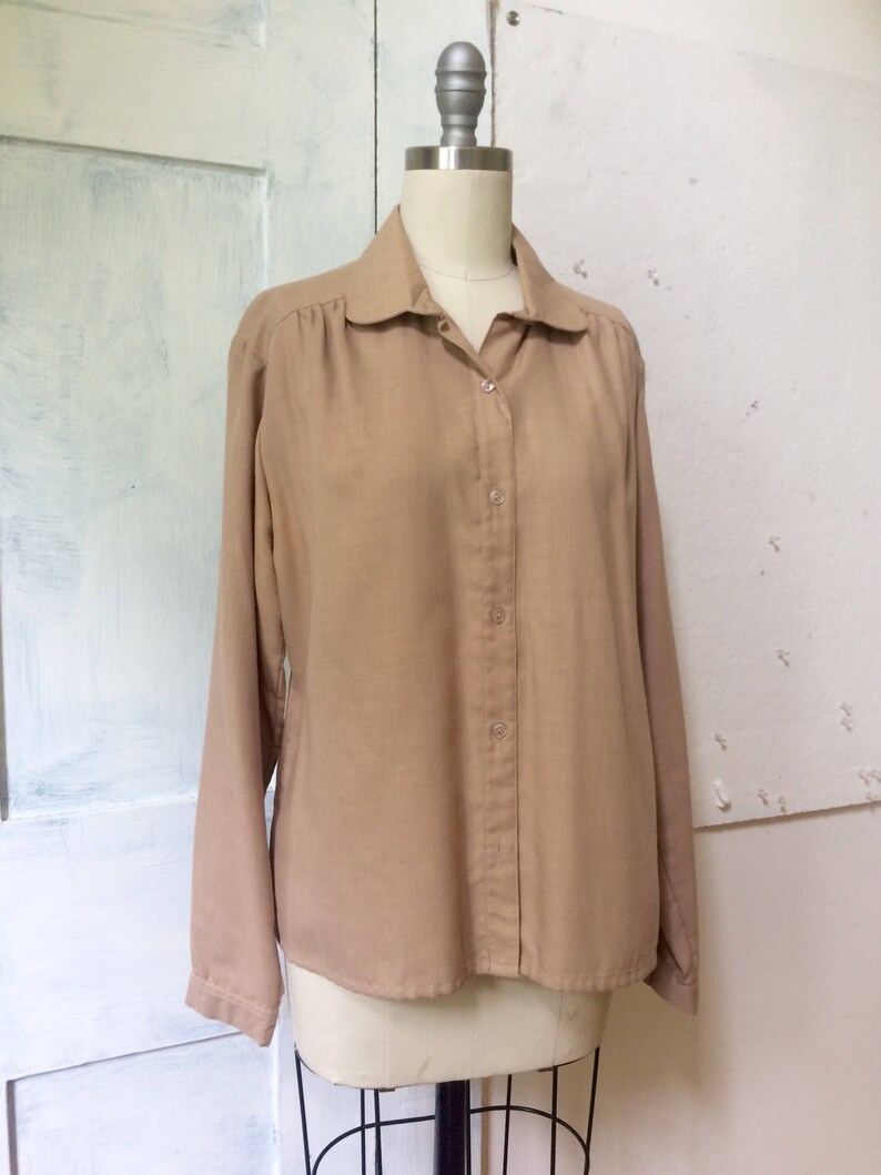 button down 60s tan blouse long sleeve collar