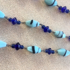 20s blue Art Deco glass beads - extra long - light blue - 4 sided - wire strungnecklace