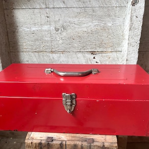 Tool box metal red distressed tool box storage industrial box removable compartment