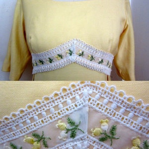 60s Yellow Prom Dress Sylvia Ann Maxi Short Sleeves Embroidered Flowers Empire Waist Lace Bow Small New Without Tags image 4