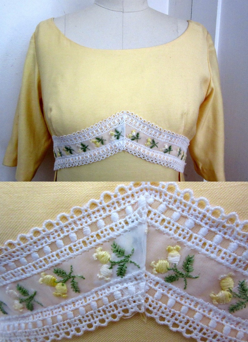 60s Yellow Prom Dress Sylvia Ann Maxi Short Sleeves Embroidered Flowers Empire Waist Lace Bow Small New Without Tags image 4