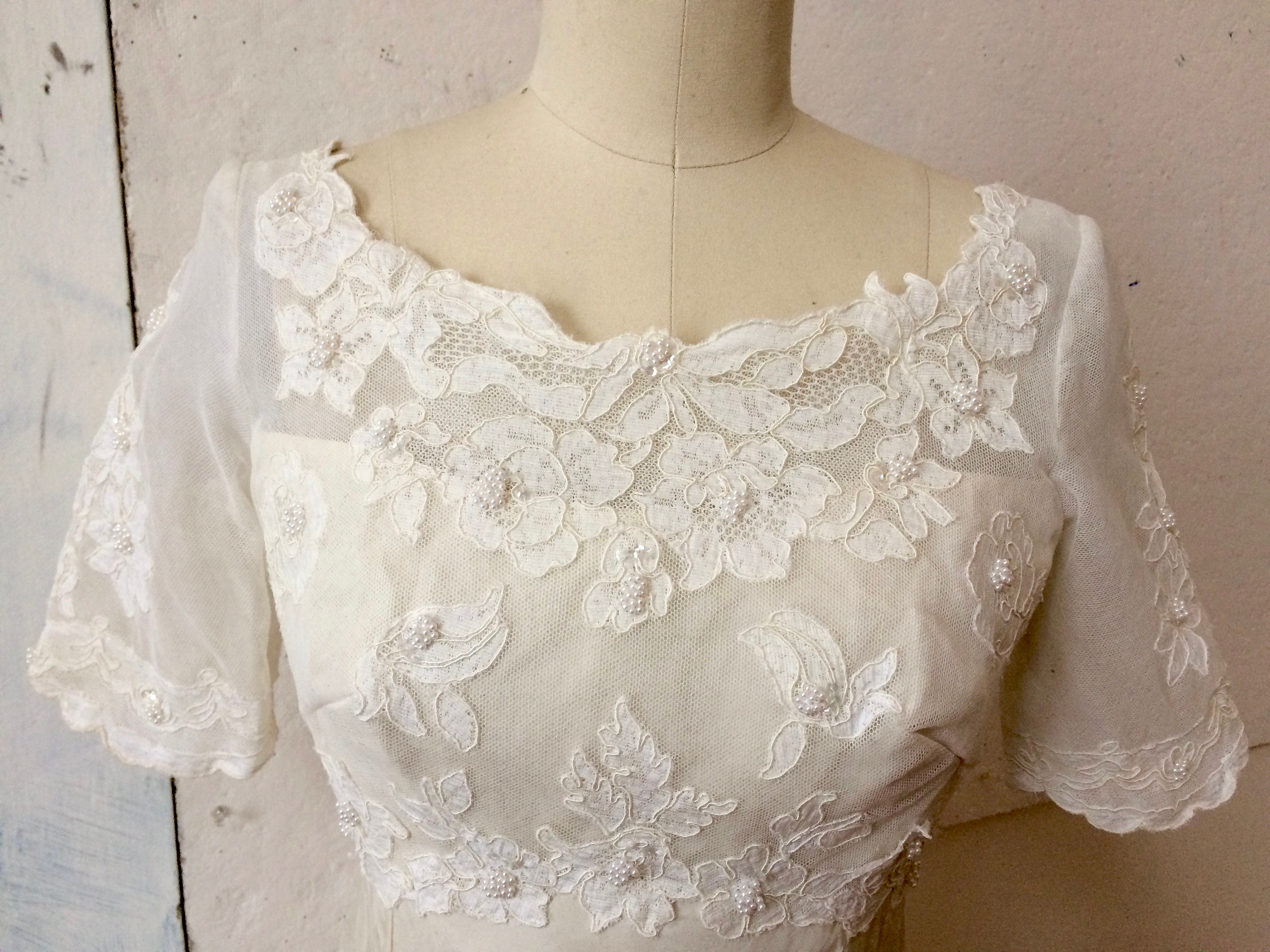 60s empire waist off white wedding dress short sleeves | Etsy