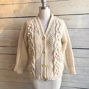 Irish wool cable cardigan hand knit buttons cream natural color wool off white XS
