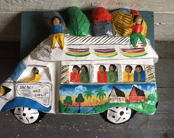 Haiti folk art - paper mache - handmade - Haitian art - bus - people - whimsical  - outsider artart