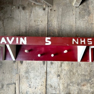 Wood shelf with coat hook pegs handmade wall shelf large shelf red white distressed carved NHS painted Gavin 5