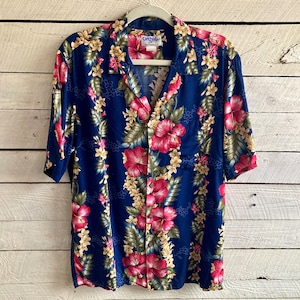80s hawaiian shirt mens blue floral Orchid Designs rayon short sleeves