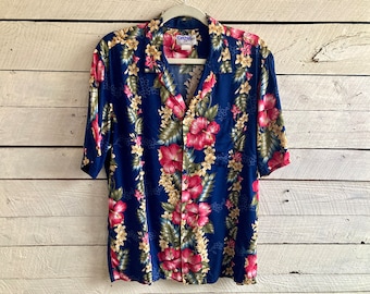 80s hawaiian shirt  mens blue floral Orchid Designs rayon short sleeves