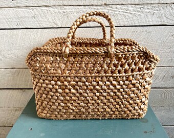 Raffia woven bag - open work - jute bag - flat bottom - hippie - boho - tote  bag - 2 handles - beach bag