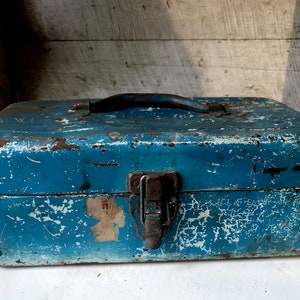 Tool box metal blue distressed rusty tool box storage industrial box tool holder