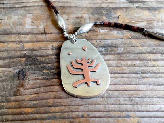 70s Handmade copper menorah on silver necklace - … - image 1