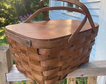 Cesta de picnic de madera partida, 2 asas, tapa de madera, cesta grande rústica de granja, hecha a mano, tapa de madera