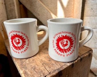 2 restaurant coffee mugs heavy china mugs diner mugs red rooster Persy’s Place diner