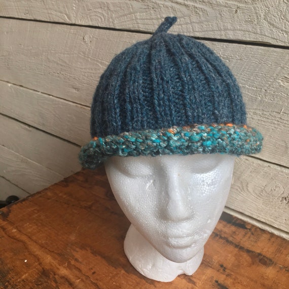 Hand knit wool hat - ribbed - blue green - handma… - image 7
