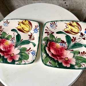 2 floral plates Italy hand painted majolica trinket dish square plates