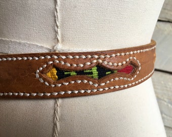 Handmade Guatemalan leather belt - boho - hippie - woven inlay   - braid details belt