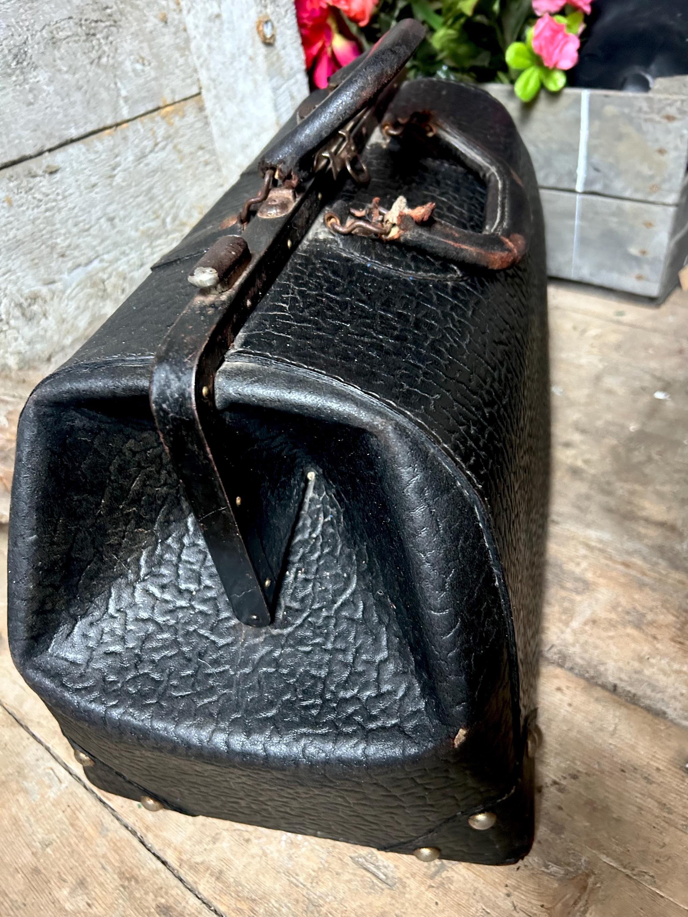 1890-1900S GENUINE WALRUS表記セイウチ革ドクターバッグ Antique Black Leather Walrus Embossed Texture Traveling Valise Bag