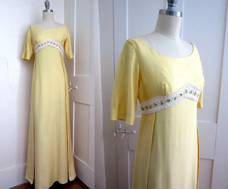 60s Yellow Prom Dress Sylvia Ann Maxi Short Sleeves Embroidered Flowers Empire Waist Lace Bow Small New Without Tags image 1