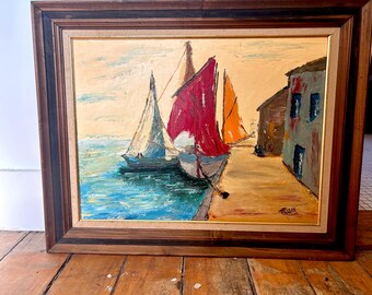 70年代のベルベット画、教会風景、手彫り、木製フレーム、メキシコ