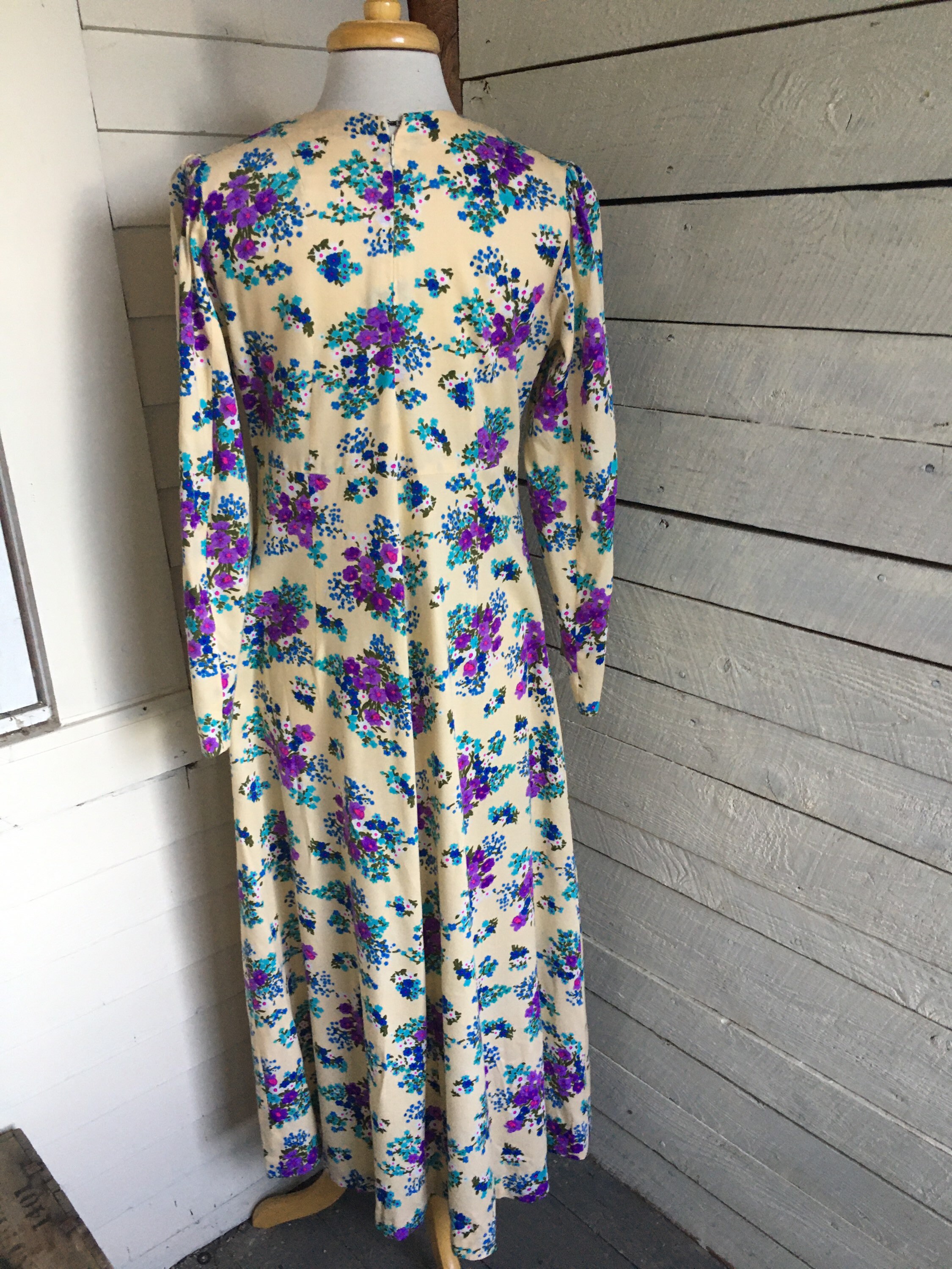 70s Floral Maxi Dress - Long Sleeves - Handmade - Purple Floral Print ...