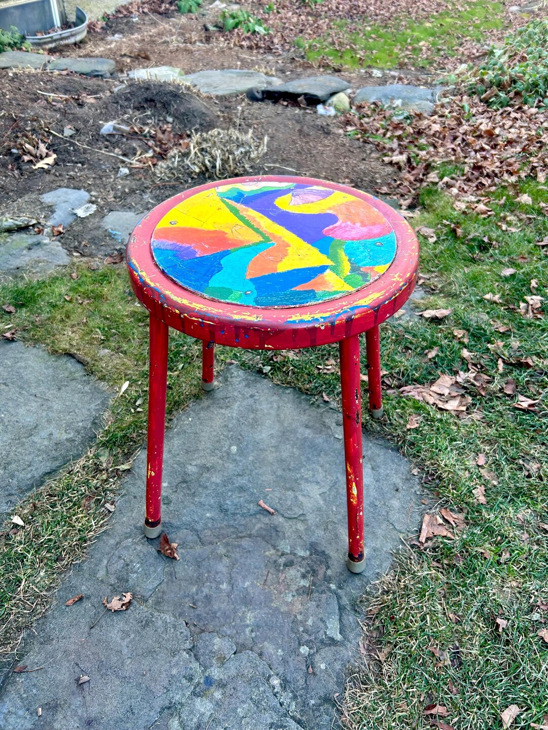 Colorful Metal Stool Art Studio Stool Plant Stand Multicolor Abstract ...