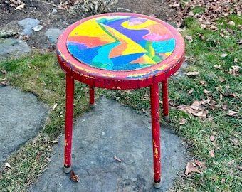 Colorful metal stool art studio stool plant stand multicolor abstract design paint distressed