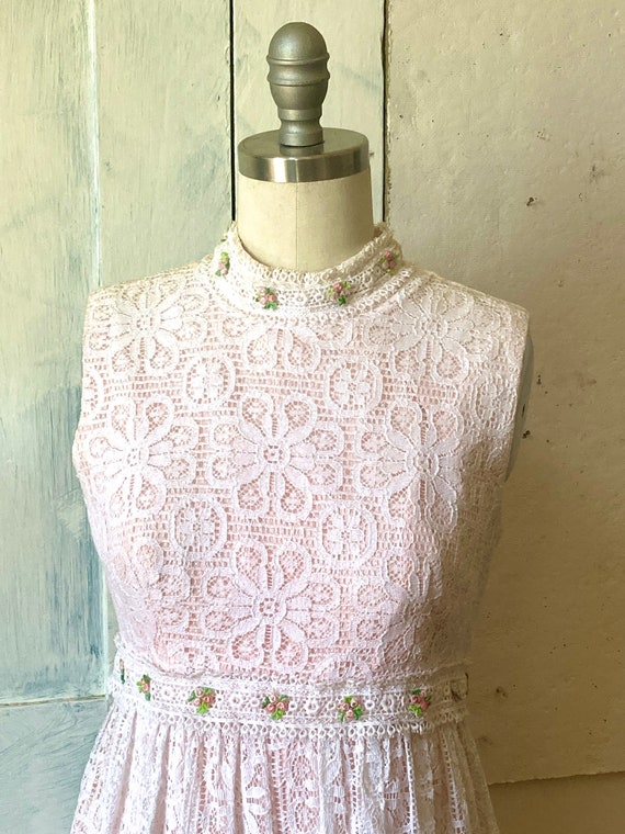 60s pink maxi dress sleeveless white lace overlay… - image 6