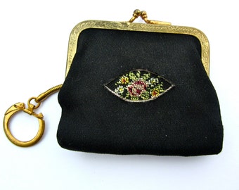 Black Double Change Purse - Key Chain - Double Pouch - Pink Satin Lining - Needlepoint Detail - Silk Wool - Coin Purse - Pouch