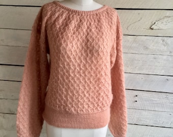 80s - I. Magnin mohair peach sweater - lace - full sleeves - small - lightweight - dressy sweater