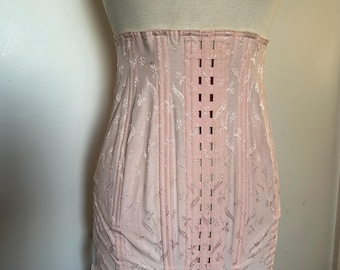 40s peach pink corset - hooks lace up back brocade fabric 9 stays La Camille International Corset Co